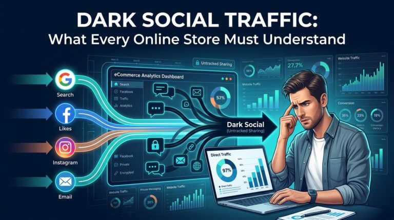 Create a modern, high-impact featured image for a blog post titled "Dark Social Traffic: What Every Online Store Must Understand". Show an eCommerce dashboard with visible traffic sources like Google, Facebook, Instagram, and Email, while a large portion of traffic flows through hidden pathways represented by dark glowing chat bubbles, private messaging icons, encrypted links, and shadowy connection lines. Include a confused online store owner analyzing analytics data where a significant percentage of visitors appear as "Direct Traffic." Use a futuristic digital marketing theme with data visualizations, analytics graphs, website traffic charts, and conversion metrics. Emphasize the mystery of untracked traffic with a contrast between brightly visible channels and dark hidden sharing networks. Professional, clean, SEO-blog style, high detail, 16:9 aspect ratio, suitable for a marketing and eCommerce audience. Brand Color Version (SmartAdsForYou): Use a color palette featuring deep navy blue, vibrant cyan, teal, white, and subtle orange accents. Add modern UI elements, glowing analytics dashboards, and sleek digital marketing visuals. Include ample space for the headline text. Premium, trustworthy, and professional design optimized for blog featured images and social sharing.
